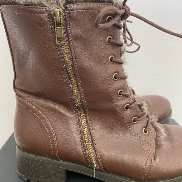 JustFab Brown Leather Combat Boots Fur Lined - Picture 5 of 7